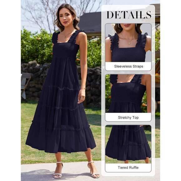 Women's Summer Midi Dress Tulle Flowy Smocked Square Neck Ruffle - Picture 3 of 7